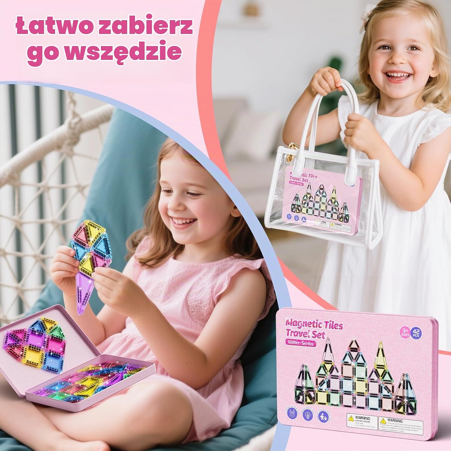 Detalle de YOGOHEE S1109 – podróżny zestaw płytek magnetycznych, 42 sztuki, różowy brokat