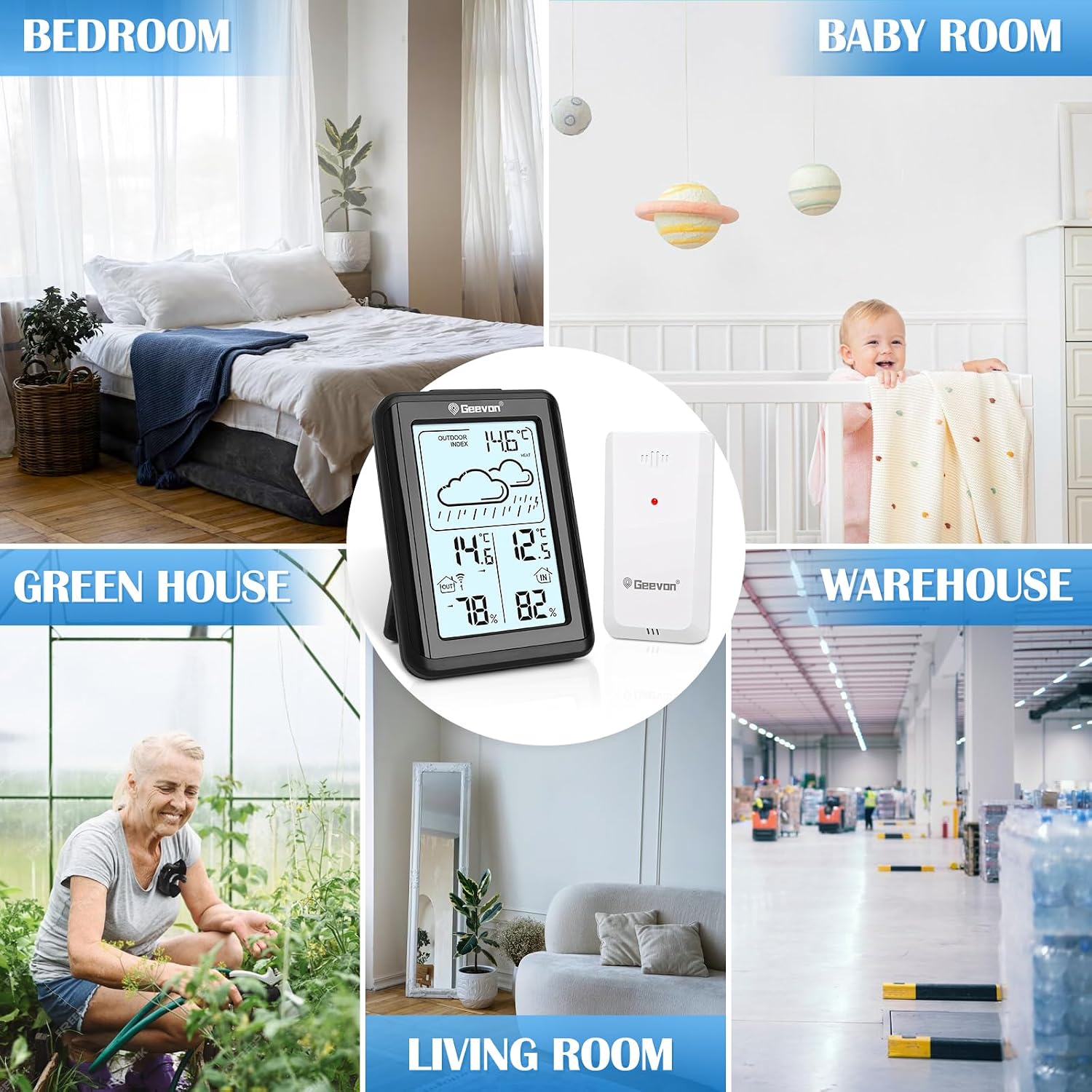 Thumbnail 6 de Geevon Indoor Outdoor Thermometer Hygrometer with 3 Sensors – 200ft Range, Mould Alerts, HD Display (No App)