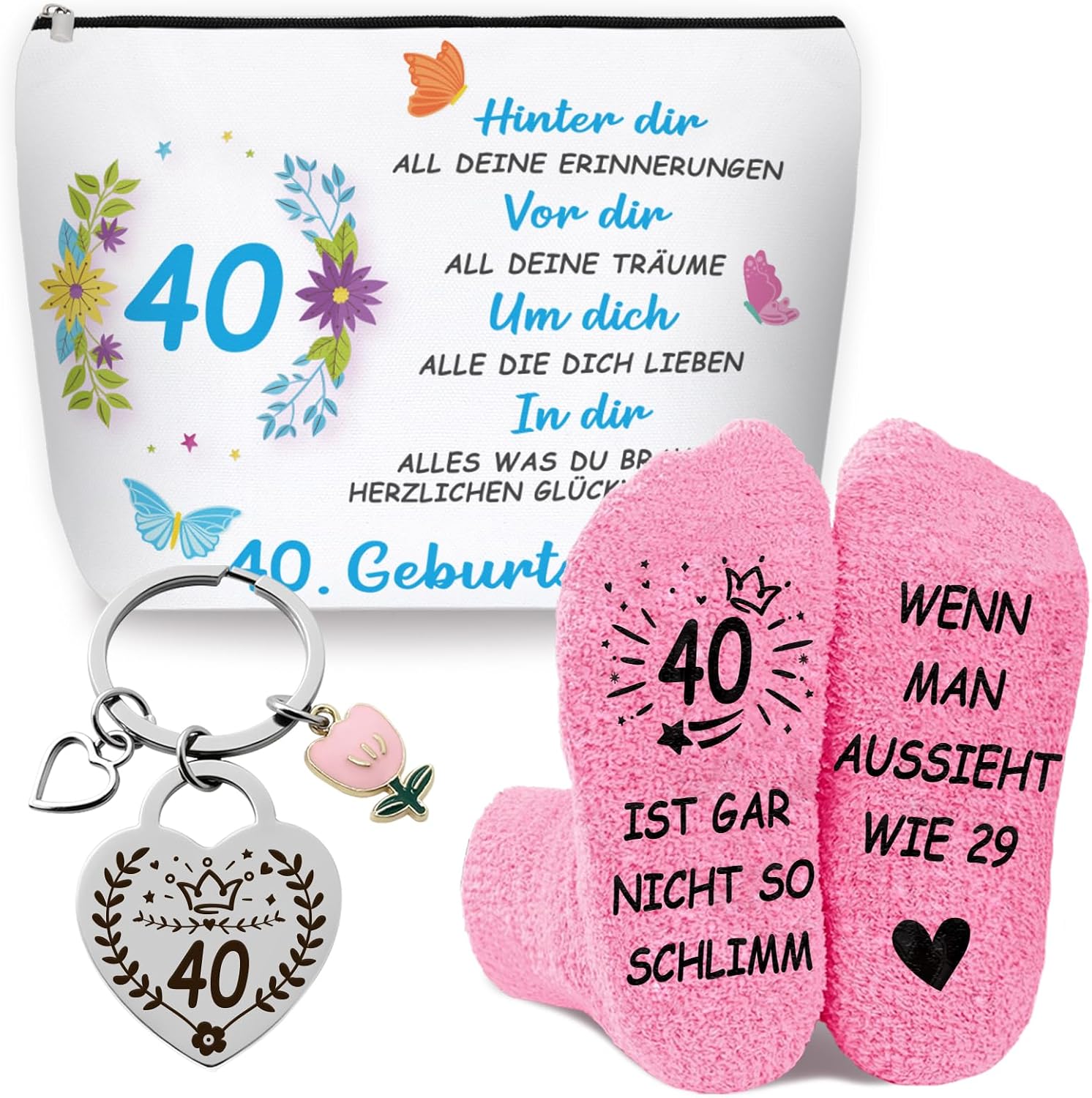 Detalle de WAMIOKAGRO Geschenkset zum 40. Geburtstag: Kosmetiktasche, Socken & Schlüsselanhänger