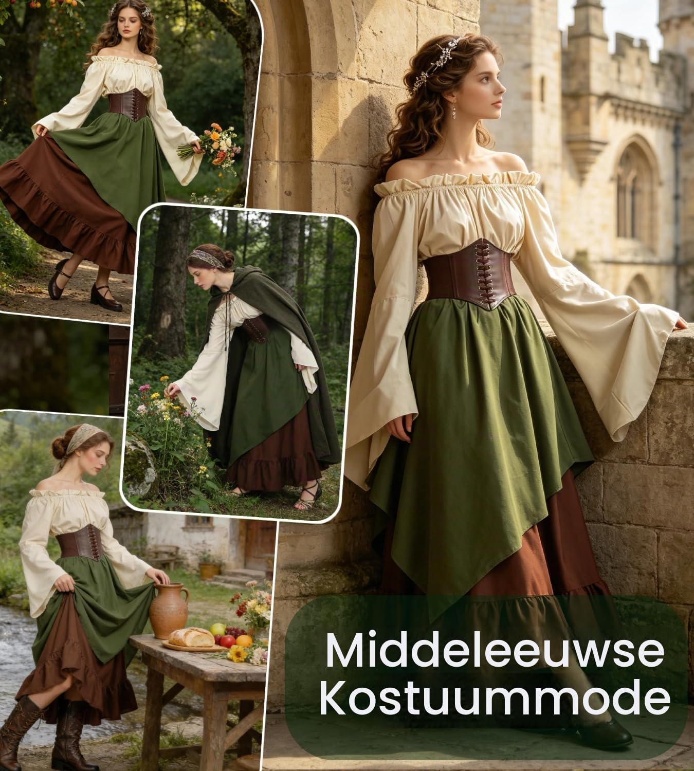 Thumbnail 1 de Kasahara middeleeuws dameskostuum, 5-delige set met off-shoulderblouse en maxi-jurk