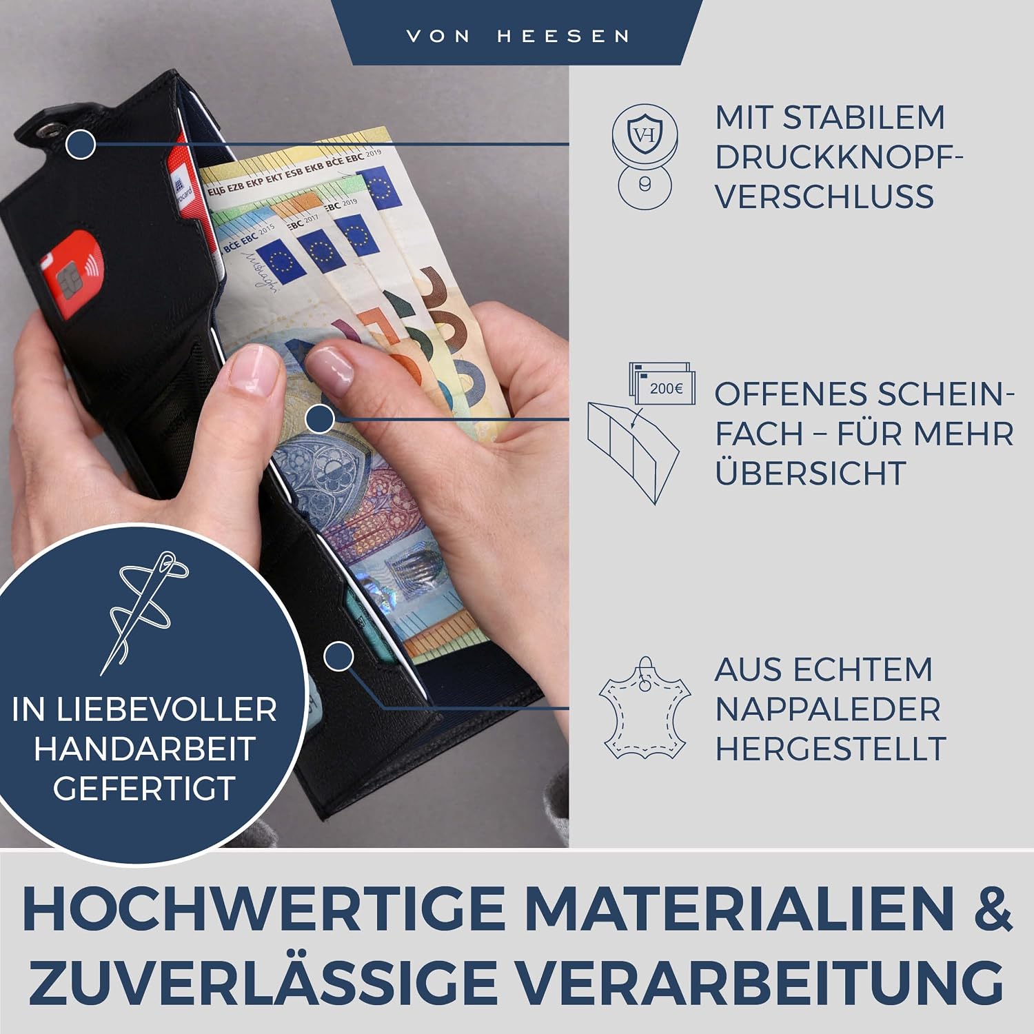 Detalle de VON HEESEN Slim Wallet mit Münzfach & RFID Schutz — Kleine Geldbörse aus Echtleder