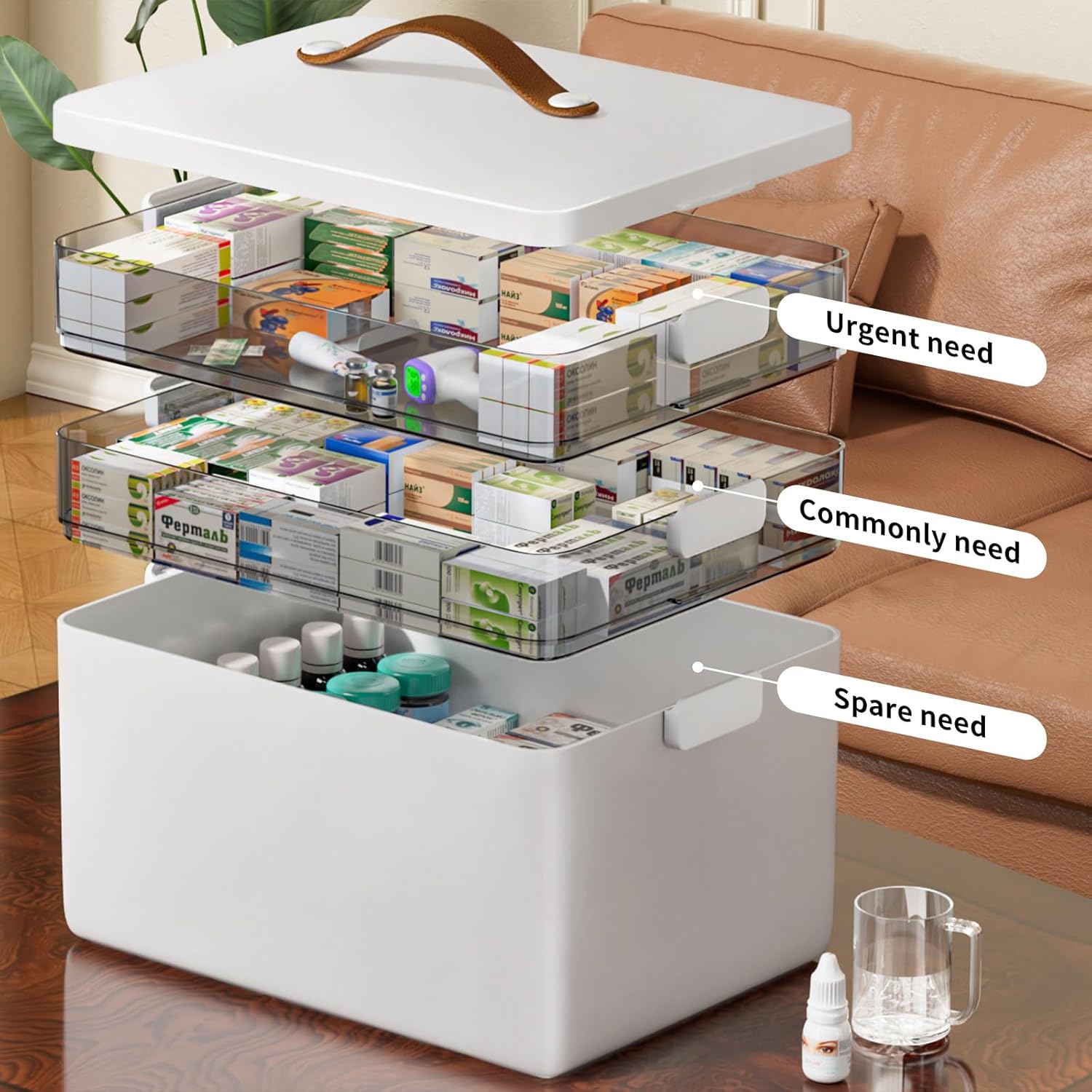 Detalle 2 de CTIME 3‑stöckige Medizinbox Tragbar mit Lederhenkel 💊