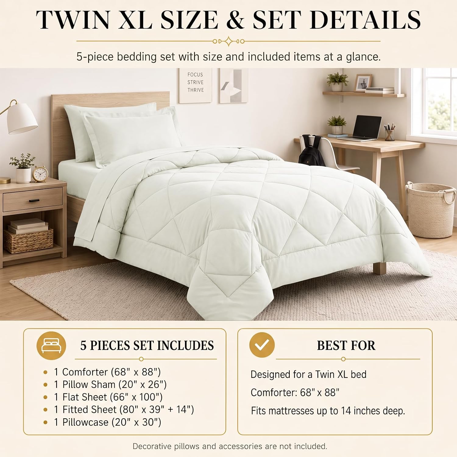 Detalle 2 de CozyLux Twin XL 5-Piece Comforter Set in Ivory for Dorm Rooms