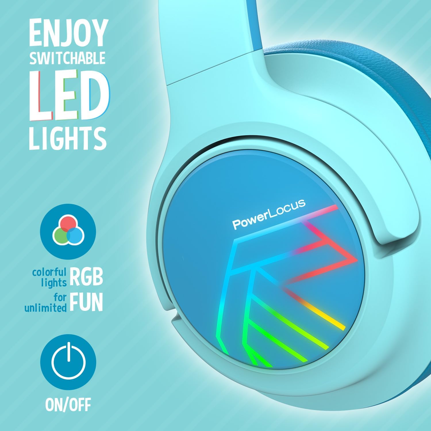 Detalle de PowerLocus Kids Wireless Headphones with LED Lights, Bluetooth 5.3 and Volume-Limited Modes