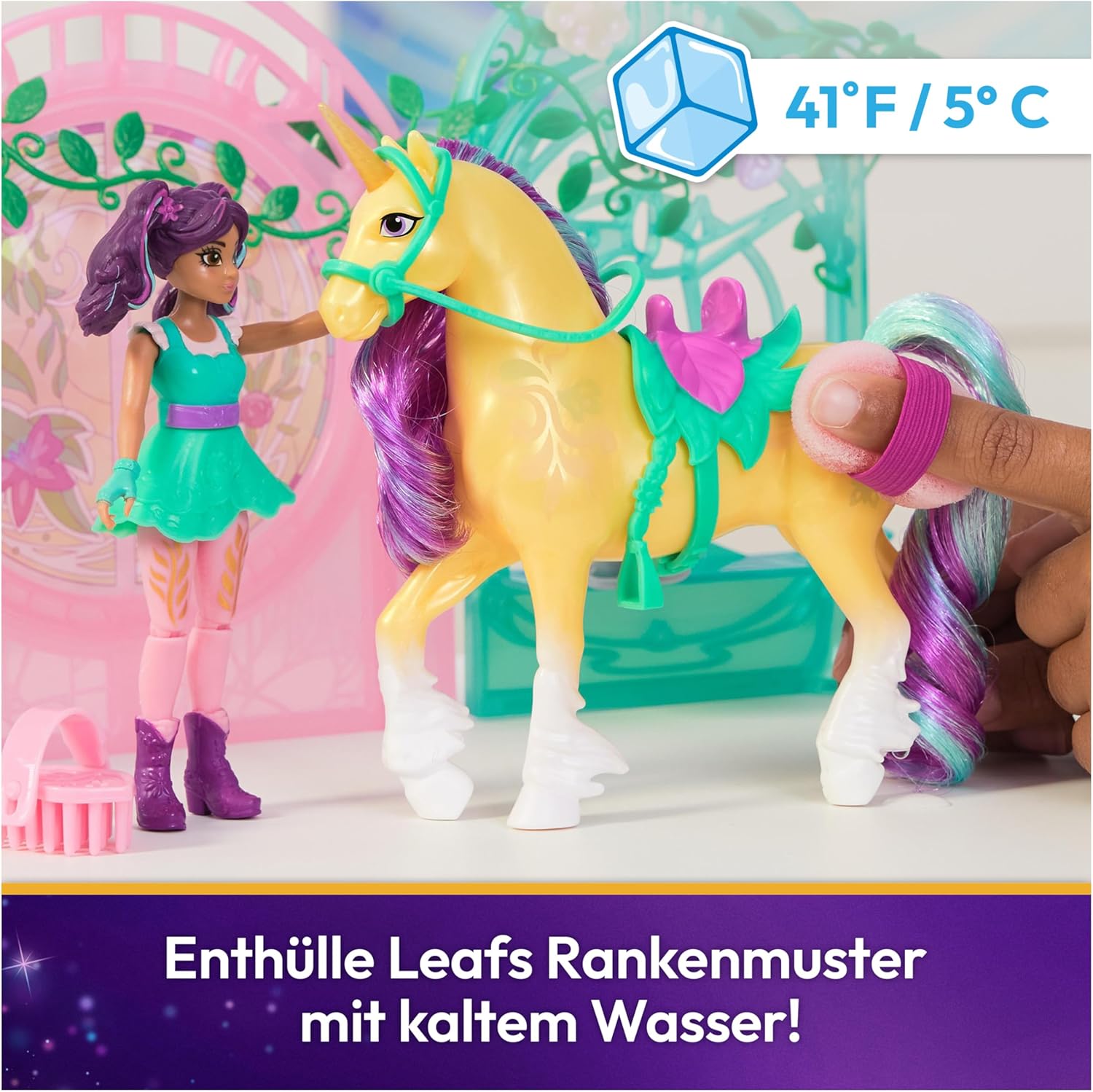 Detalle de Unicorn Academy Ava & Einhorn Leaf Leaf Stall Spielset mit Farbwechseleffekt (Figuren ca. 11/12 cm) und 15 Accessoires – für Kinder ab 4 Jahren