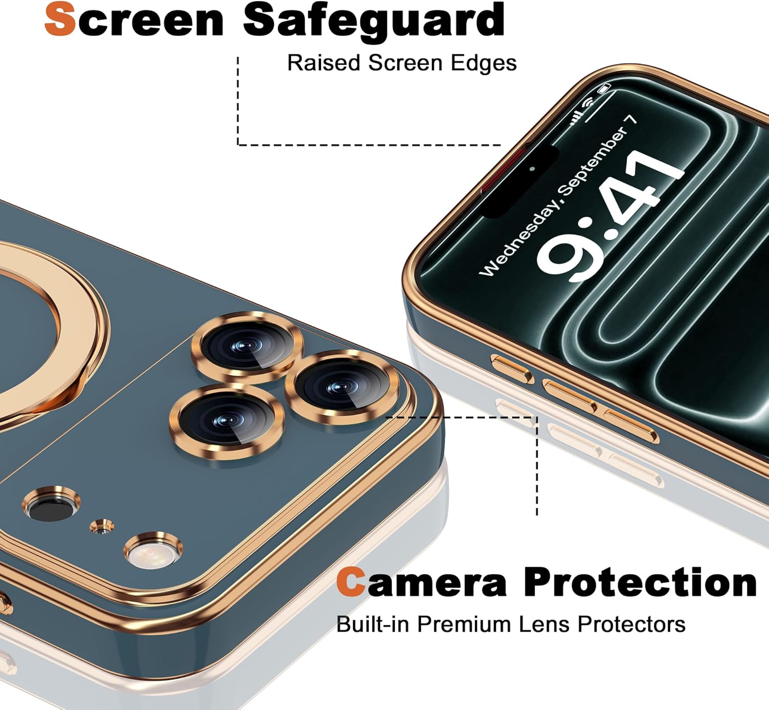 Thumbnail 6 de ETPESOK Compatible iPhone 17 Pro Max Case with Magnetic Ring Stand (Mag-Safe) and Full Camera Lens Protector, Grey Blue