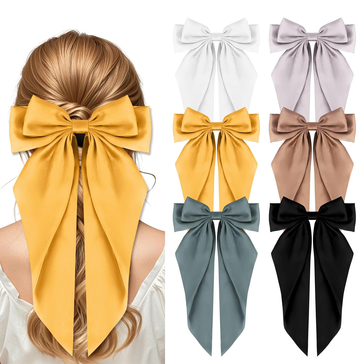 Detalle de Fnaobai Große Schleifen Haarspangen – 6er Set Satin-Clip mit langen Schwänzen