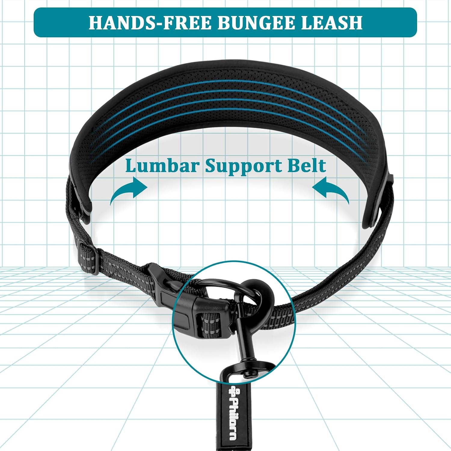 Detalle de Philorn Heavy Hands Free Dog Lead with Wide Waist Belt – Dual Handles, 50kg Shock Absorbing Bungee, Reflective for Medium to Large Dogs