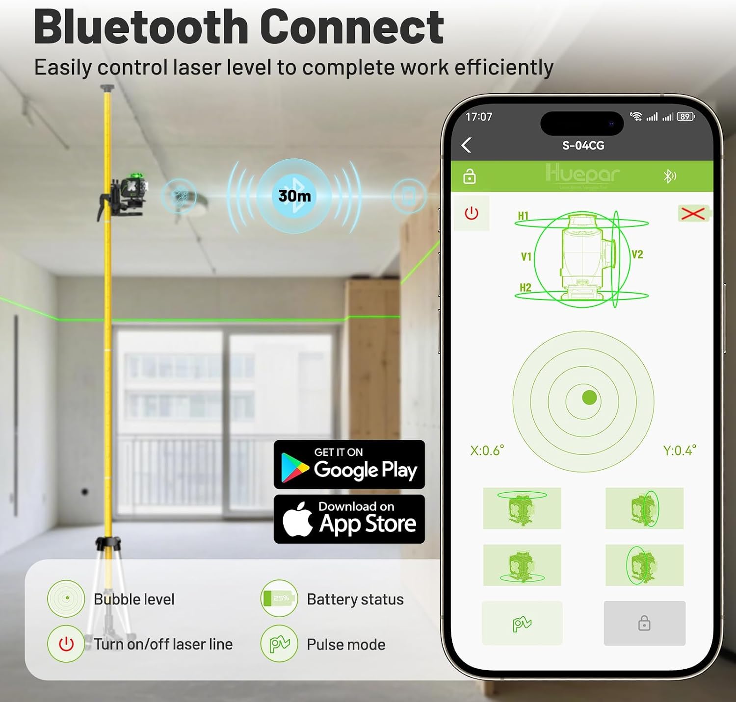 Detalle de Huepar S04CG 4D Laser Level: 4 x 360 Cross Lines with Bluetooth App Control