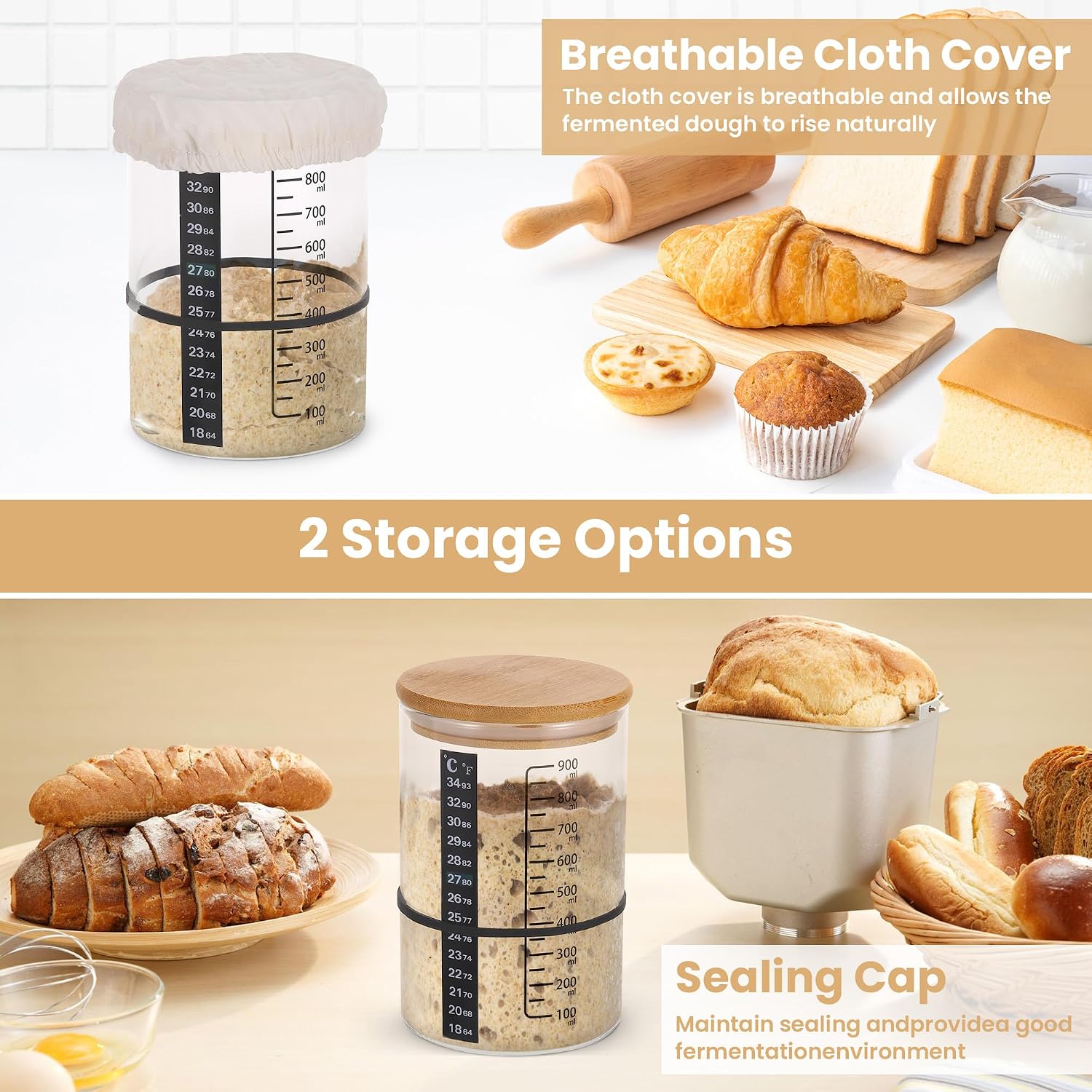 Thumbnail 3 de MICHIHOMIE Sauerteig Starter Gärglas-Set mit 900 ml Glas, Thermometerpapier & Holzdeckel