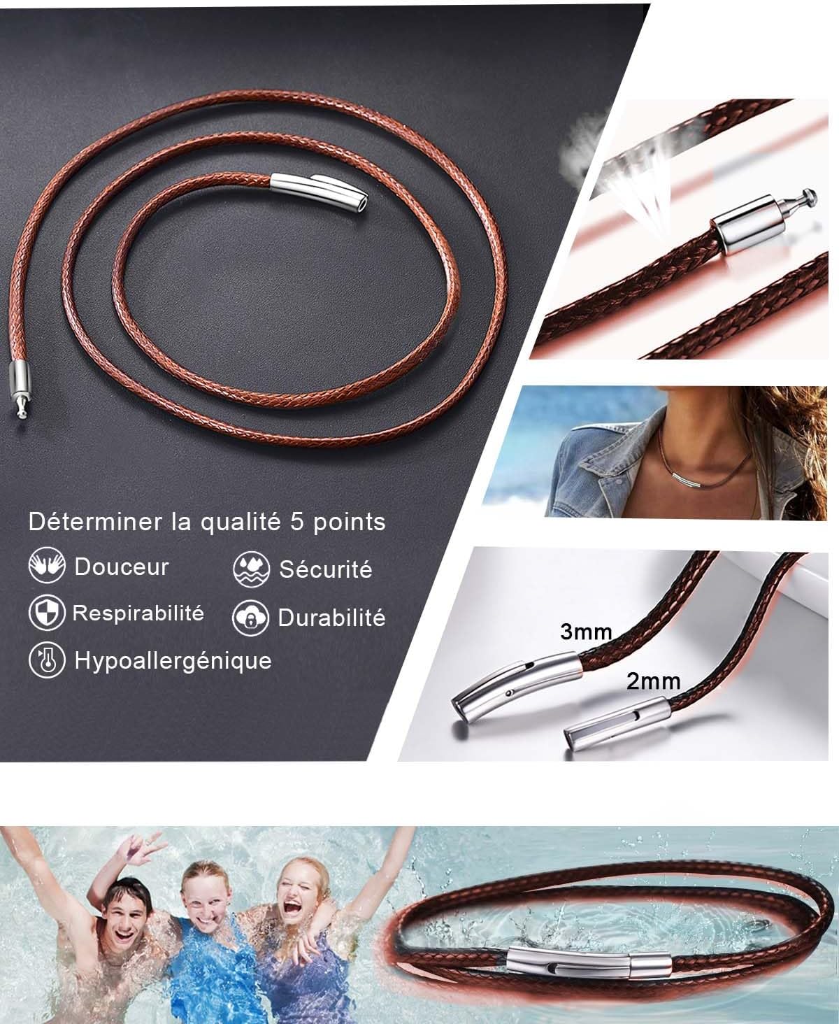 Detalle de ChainsHouse Chaîne Collier Cuir Homme – Cordon de Cire 2 mm, 41–76 cm, Marron/Noir, Fermoir inox 316L