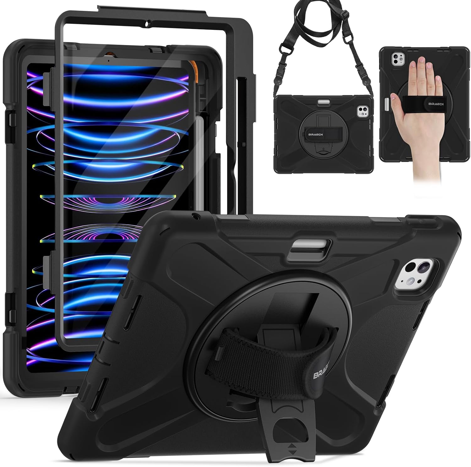 Detalle de Étui BRAECN avec coque de protection, support rotatif 360° et dragonne pour iPad Pro 12,9 pouces (6e/5e/4e/3e génération, 2022/2021/2020/2018) – Rouge