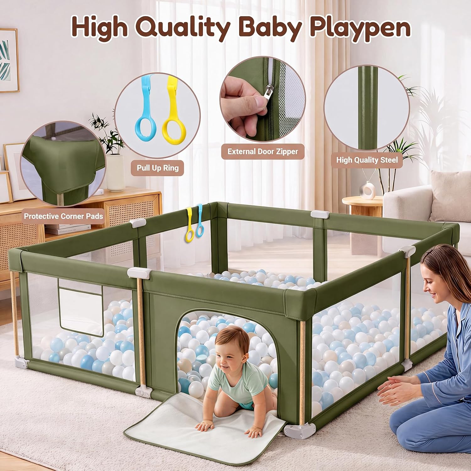 Thumbnail 4 de JevrJeur Foldable Baby Playpen with Mat, 71" × 59", Breathable Mesh