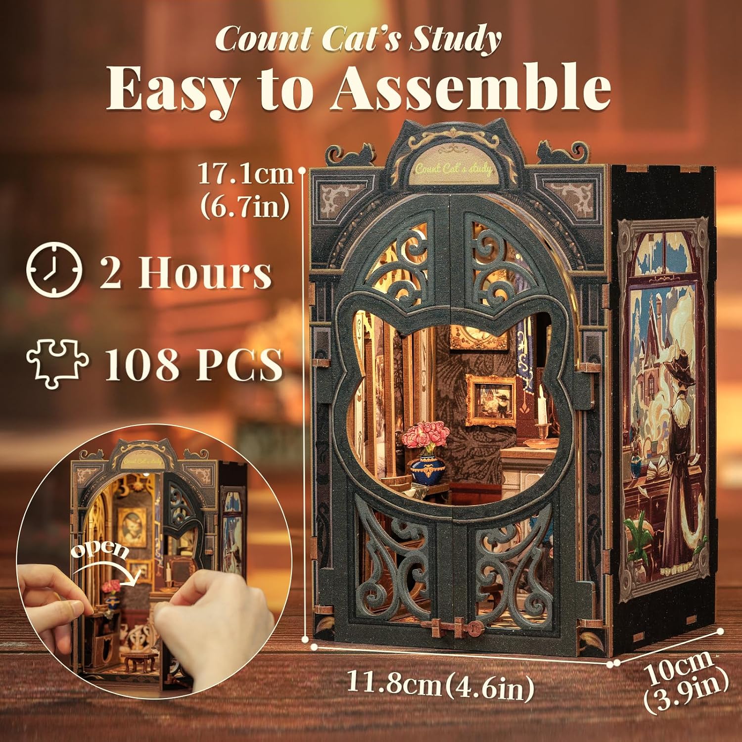 Detalle 2 de Fsolis Book Nook Kit Fai da Te: case per miniature con luci LED a forma di testa di gatto