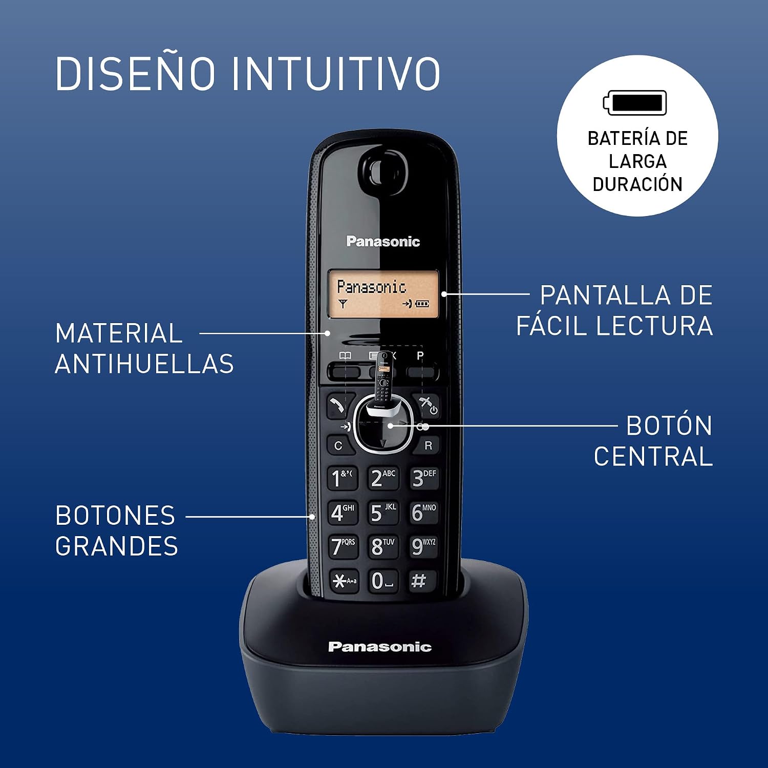 Detalle de Panasonic KX-TG1611SPH: teléfono fijo inalámbrico DECT con LCD, identificador de llamadas y agenda de 50
