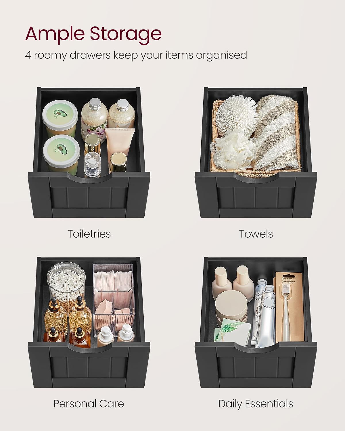 Detalle 1 de VASAGLE Sofie Collection LHC040B01 Bathroom Storage Cabinet, 4 Drawers, Ink Black