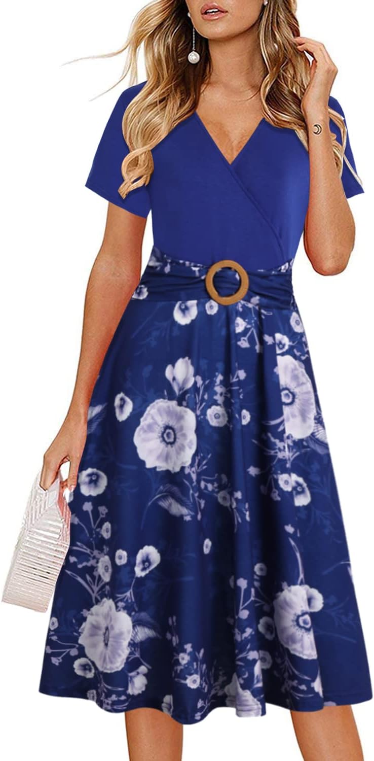 Thumbnail 6 de Women's Elegant Criss-Cross V Neck Vintage Short Sleeve Dress with Pockets (980)
