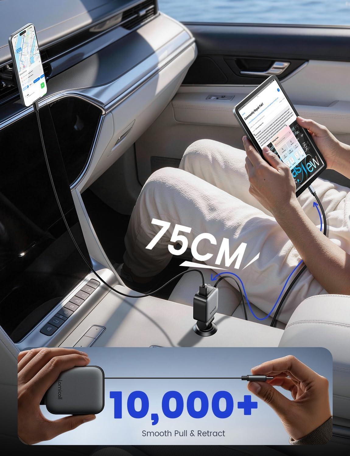 Thumbnail 3 de Lamicall 4-IN-1 Retractable Car Phone Charger – 75W with Dual Retractable Cables