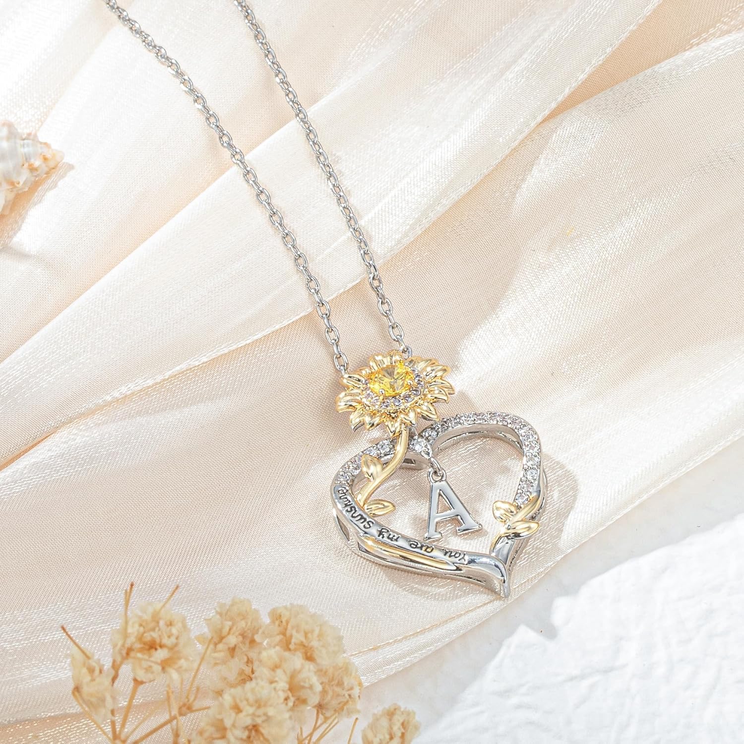 Thumbnail 6 de TINGN Collier tournesol pour femme — pendentif cœur tournesol en argent plaqué or blanc 18 carats