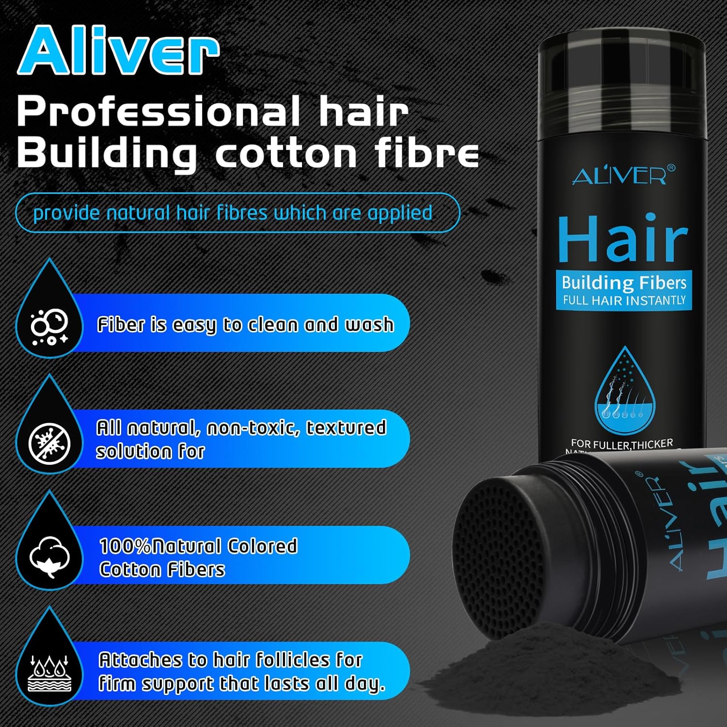 Thumbnail 2 de Aliver Hair Fibers for Thinning Hair (Black) — 27.5Gr, Undetectable Natural Formula