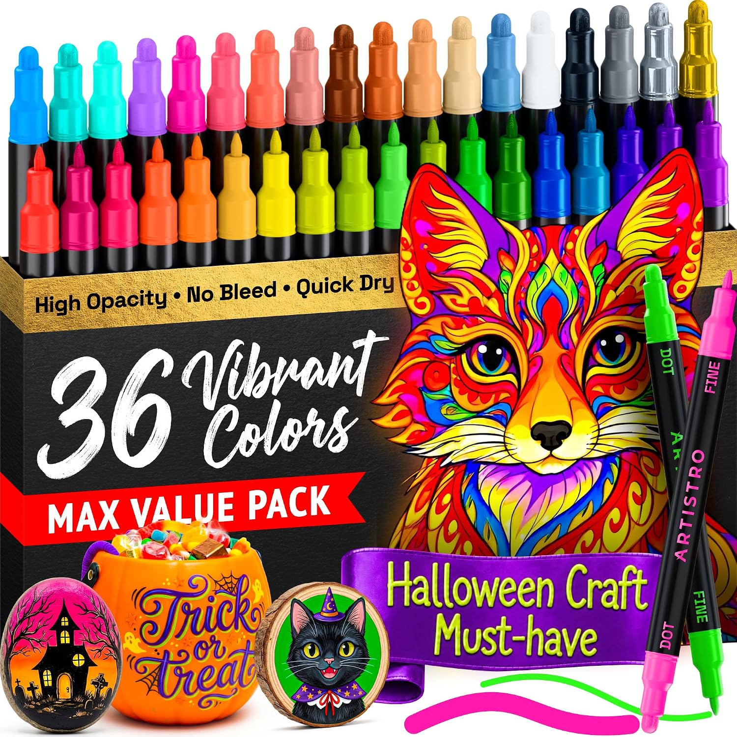 Detalle de ARTISTRO 36 Precision Dual-Tip Acrylic Paint Markers (Dot & Fine Tips) – Multi-Surface Paint Pens Set