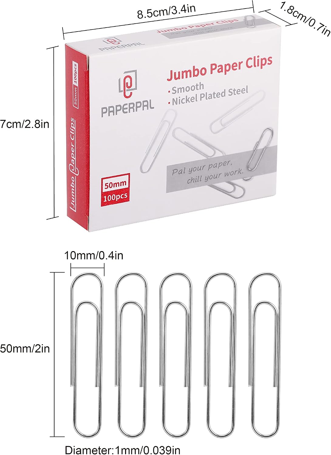 Detalle 2 de PAPERPAL Jumbo Smooth Paper Clips, 2-Inch Silver, 300 Count