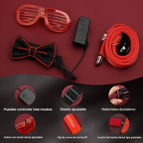 Detalle de Alaoo Gafas LED Luminosas, 3 piezas (corbata, pajarita y tirantes) en rojo