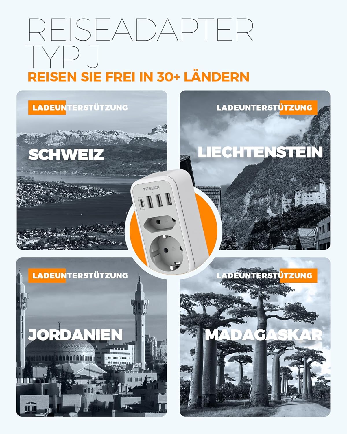 Thumbnail 2 de TESSAN Adapter Schweiz Deutschland 6-in-1: USB-C + 3 USB-A, Reisestecker Typ J