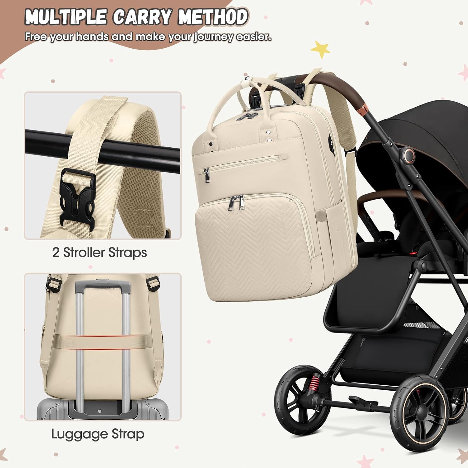 Thumbnail 5 de RAINSMORE Wickelrucksack für Babys: Baby-Wickeltasche mit Wickelunterlage, Windelwäschesack & isolierten Flaschentaschen (Aprikose)
