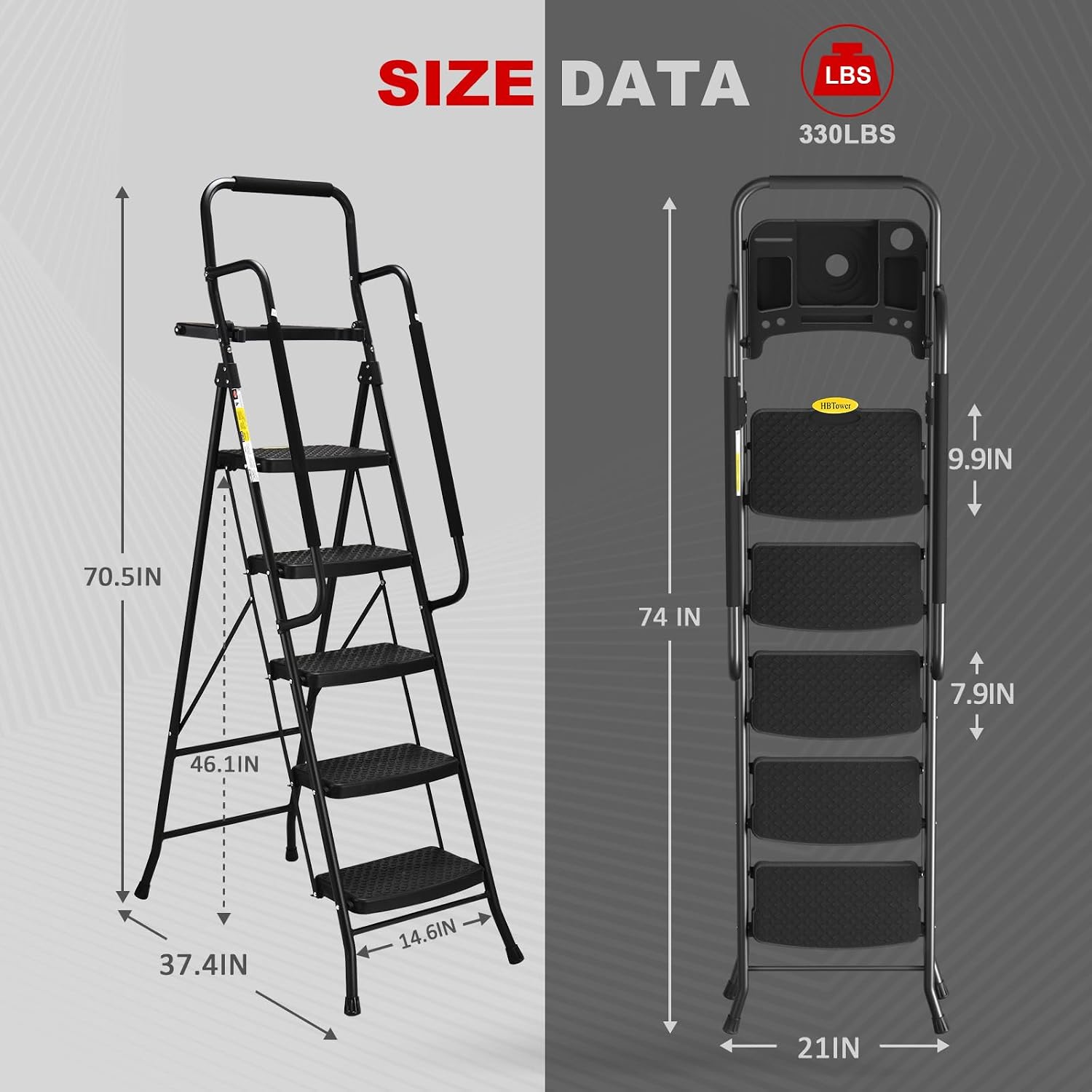 Detalle 1 de HBTower Folding Step Ladder with Wide Non-Slip Pedals and Tool Tray