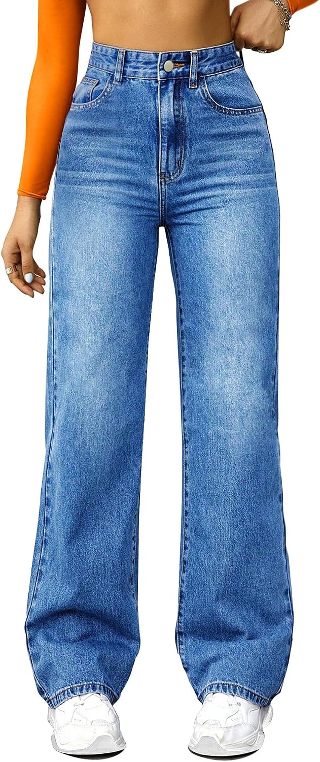 Detalle de FUNUCA Women's Boyfriend Jeans, High-Rise Wide Leg in Stretch Denim