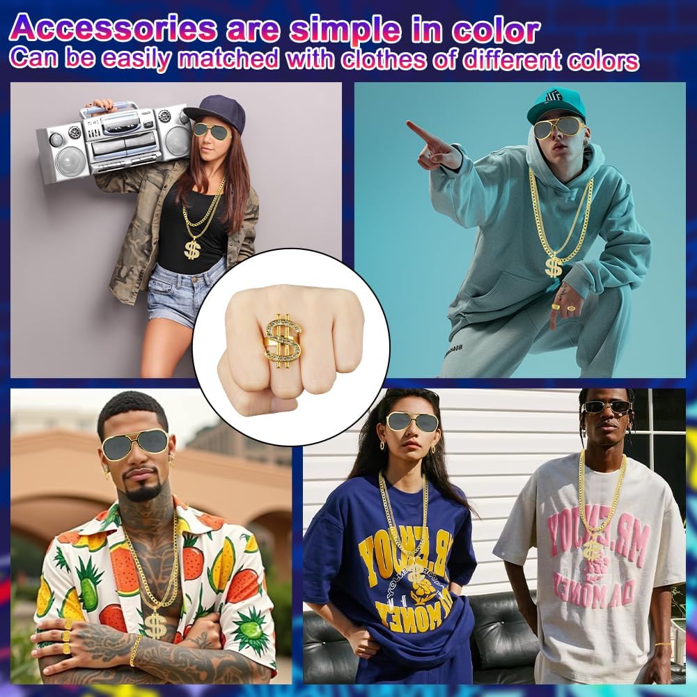 Thumbnail 5 de BSBUY 10-delige hiphop-kostuumaccessoireset met goudkleurige kettingen en ringen
