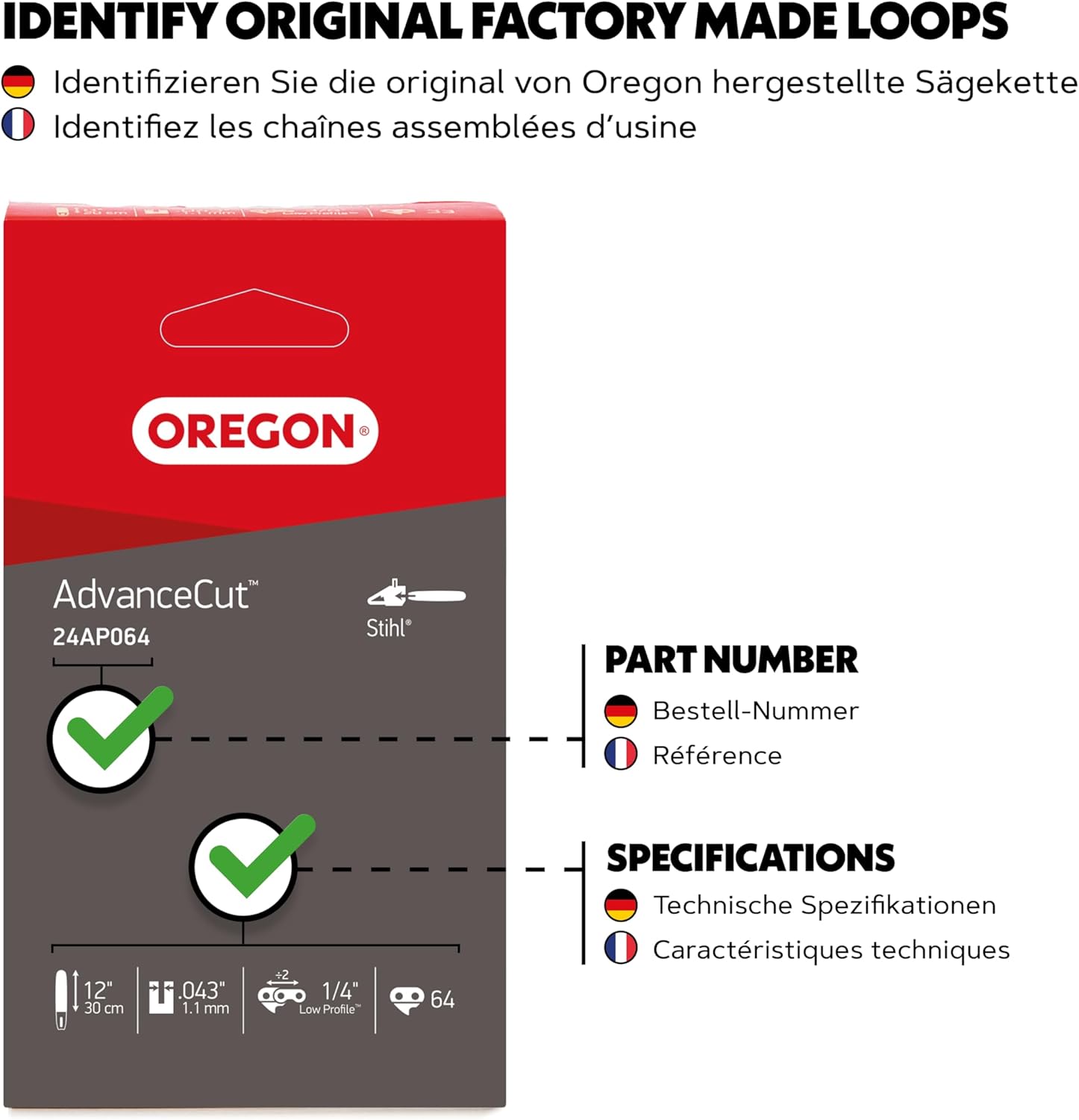 Detalle 2 de Oregon 12‑inch 1/4" 64‑link chainsaw chain