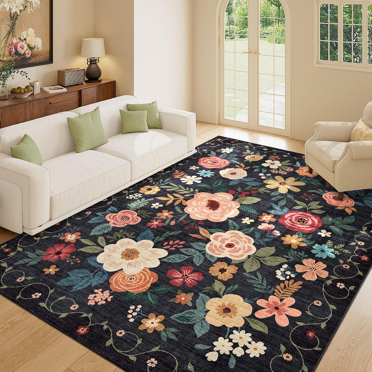 Detalle de DUKINO 5x7 Floral Area Rug, Low Pile Black ๐