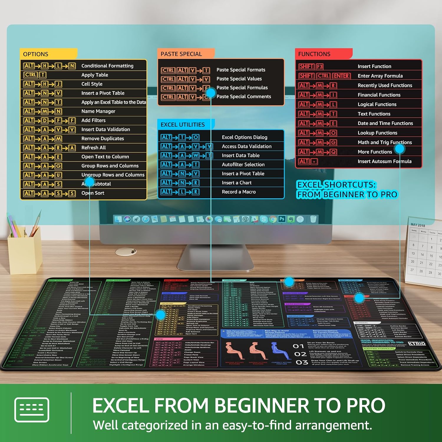 Detalle de KTRIO Excel Shortcuts Mousepad (900 x 400 mm) with non-slip base and stitched edges