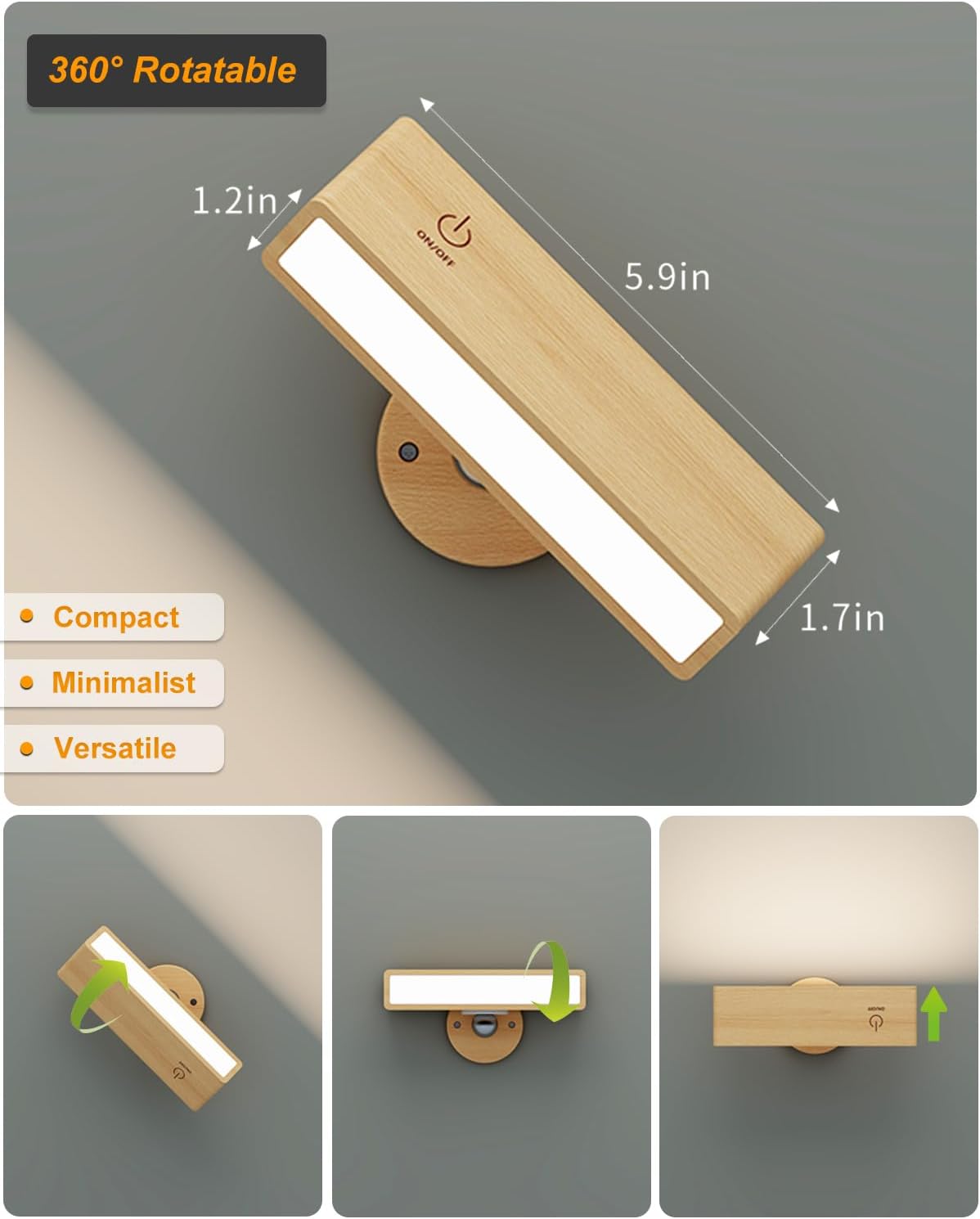 Thumbnail 6 de DetarZinLED applique da parete interno a batteria ricaricabile con luce LED ruotabile 360° e touch