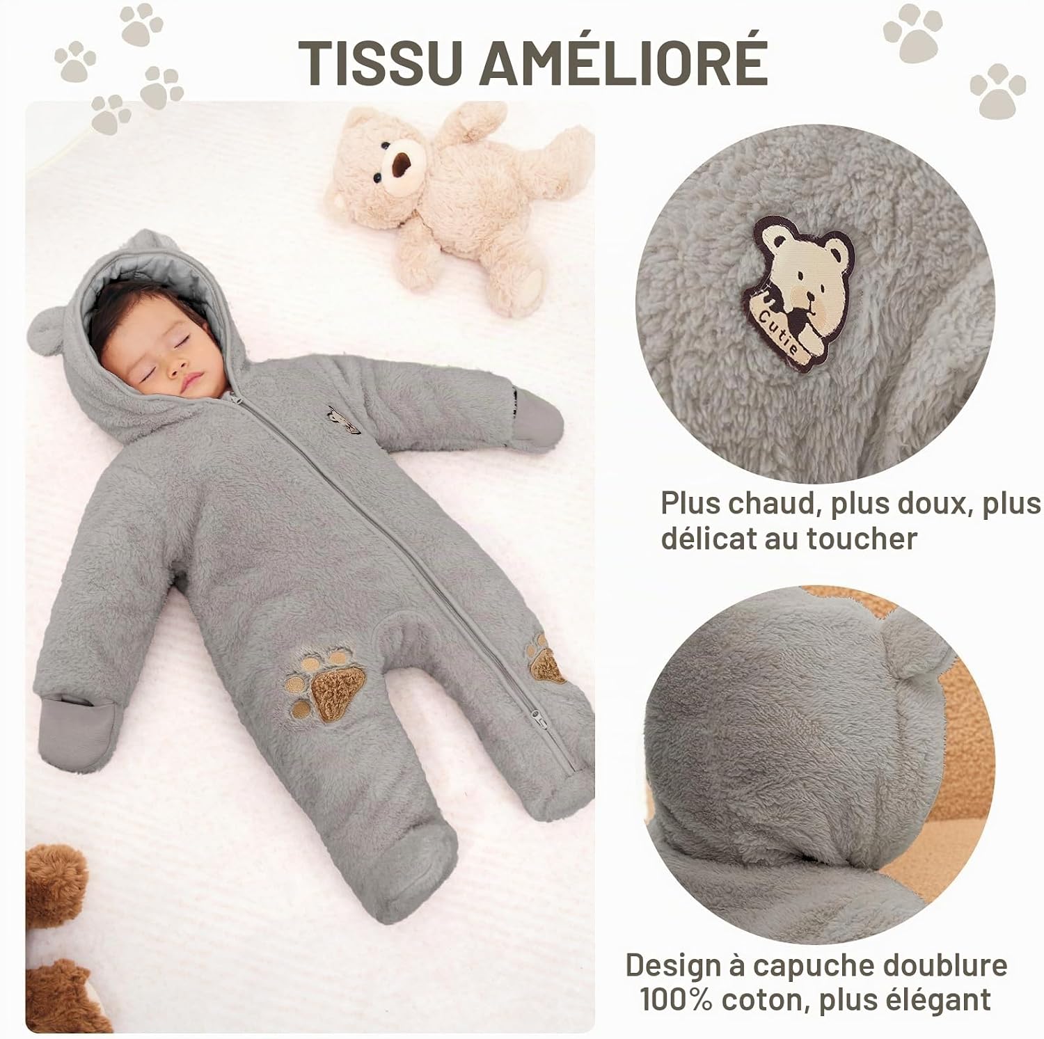Thumbnail 4 de JiAmy fleece-sneeuwpak voor baby’s met capuchon, omslaghandschoenen en bedekte voeten, 0-18 maanden