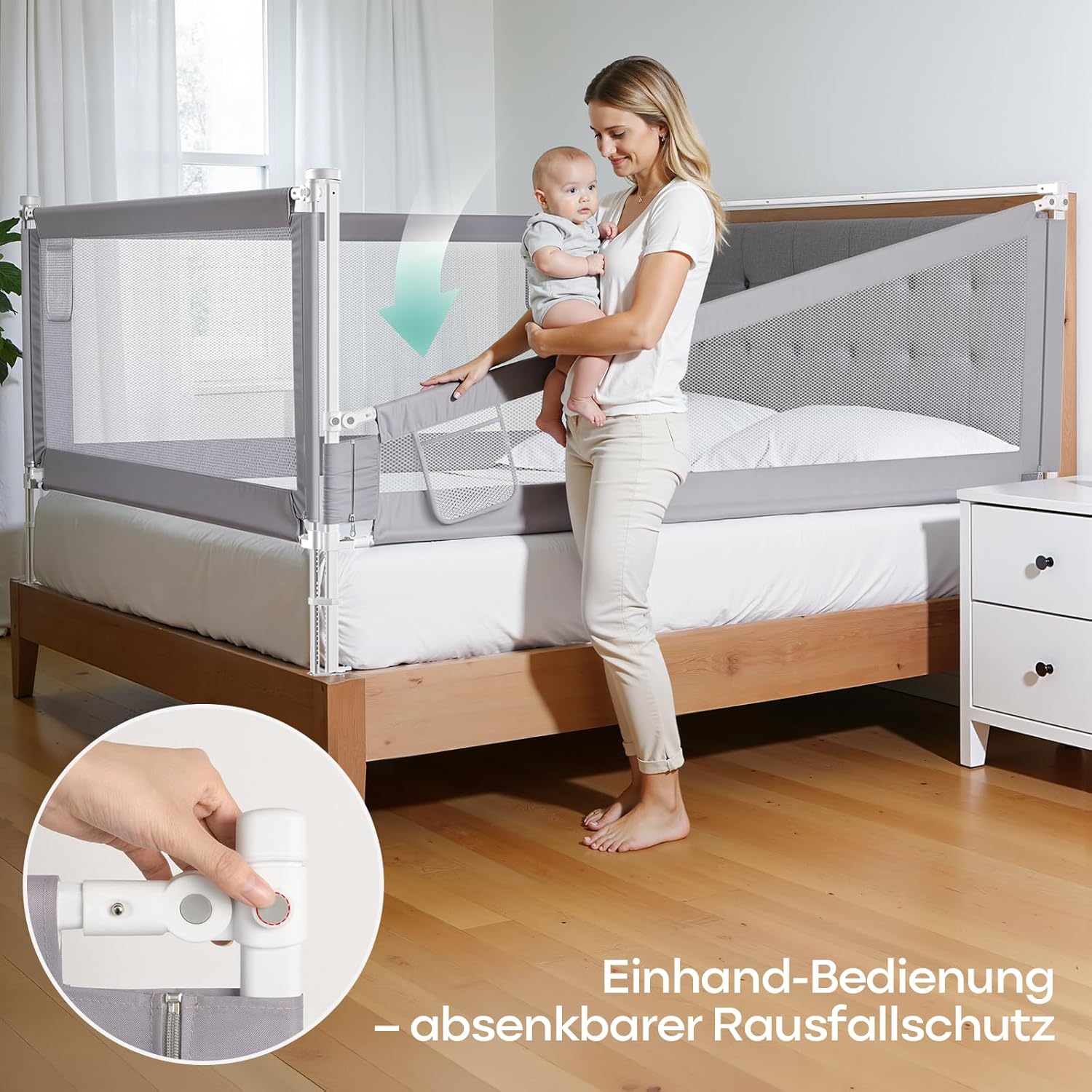 Thumbnail 6 de Lertantri Bettschutzgitter Hellgrau 180 cm – höhenverstellbar mit Befestigungsgurten, werkzeuglose Montage (1 Stück)