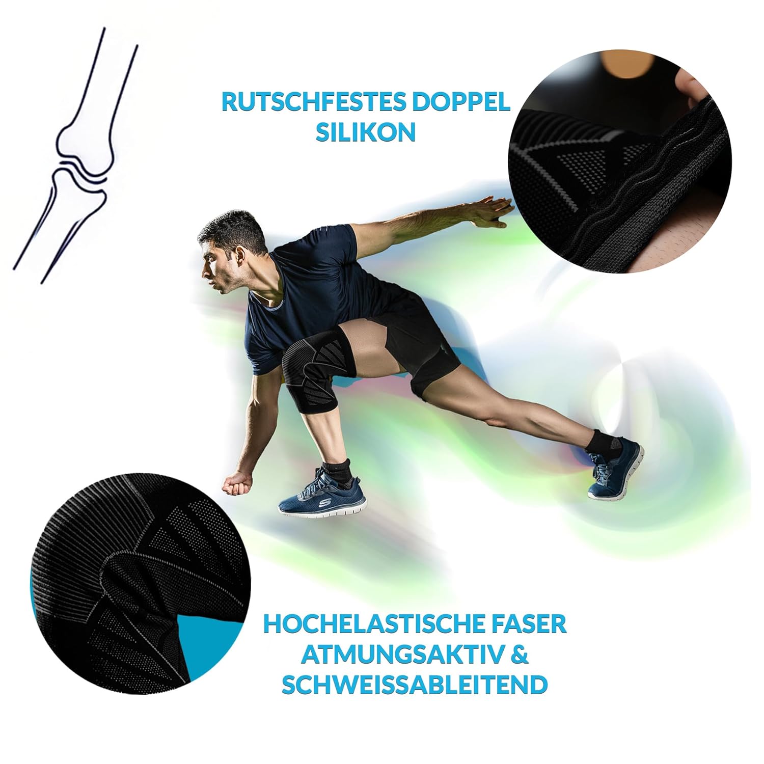 Detalle 2 de 360 RELIEF Kniebandage für Herren & Damen – 2er-Set Kniestütze für Sport, Gym & Joggen (Knie-Kompressionsbandage) – Schwarz/Grau