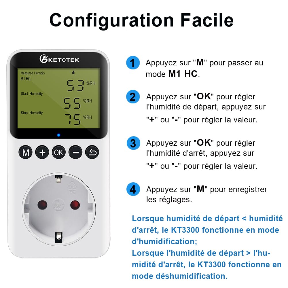 Thumbnail 4 de KETOTEK Prise hygrostatt numérique avec sonde : contrôleur d’humidité 220 V pour terrarium, couveuse et serre