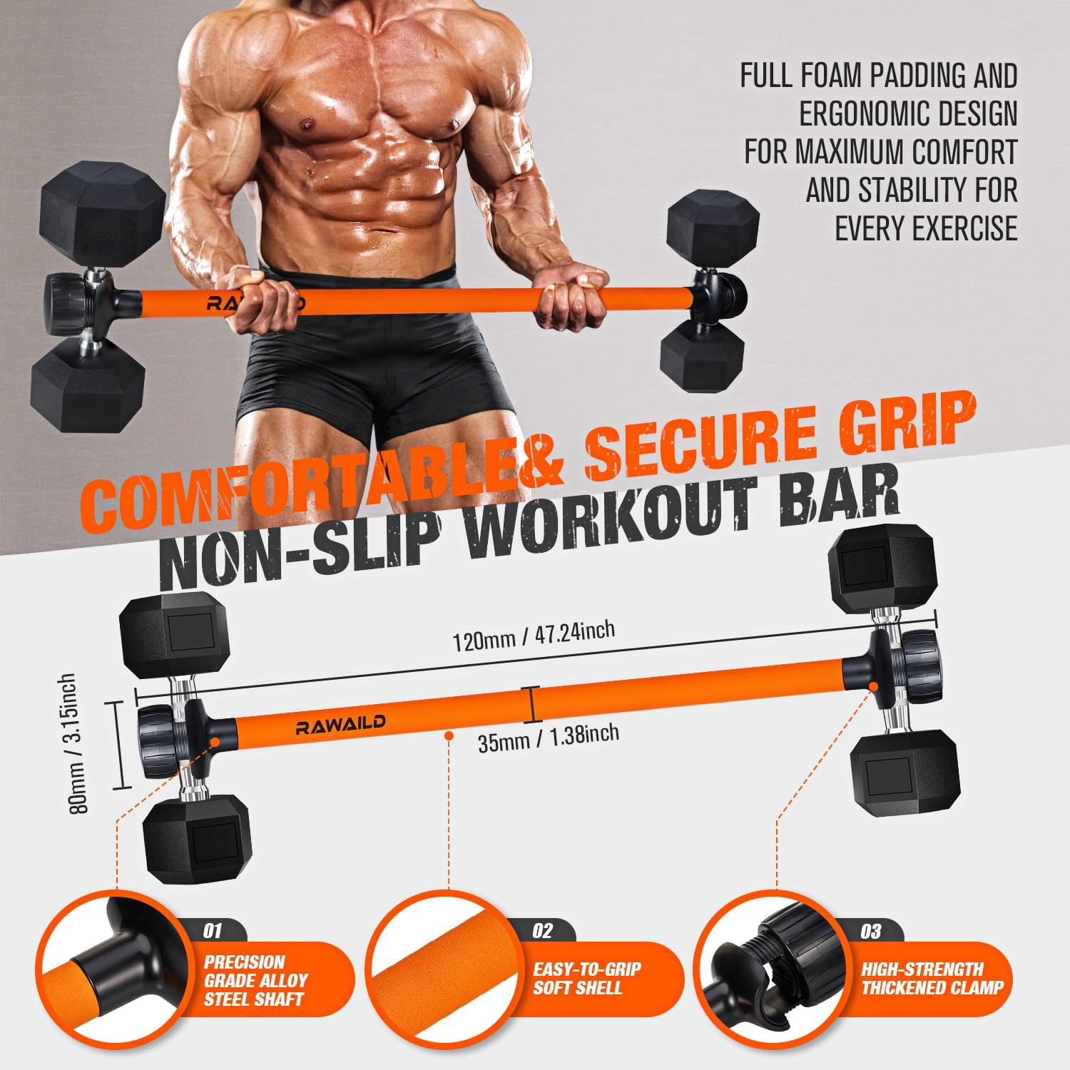 Detalle 1 de Rawaild Dumbbell Converter Bar with Foam Handle and Rotating Lock