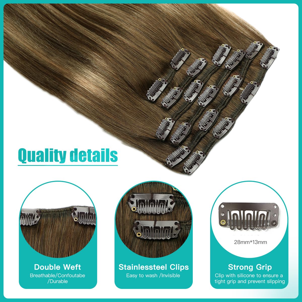 Detalle 2 de SURNEL Clip-in Extensions Echthaar Balayage Schokoladenbraun & Karamellbraun – 6er Set, 100 g, 40 cm