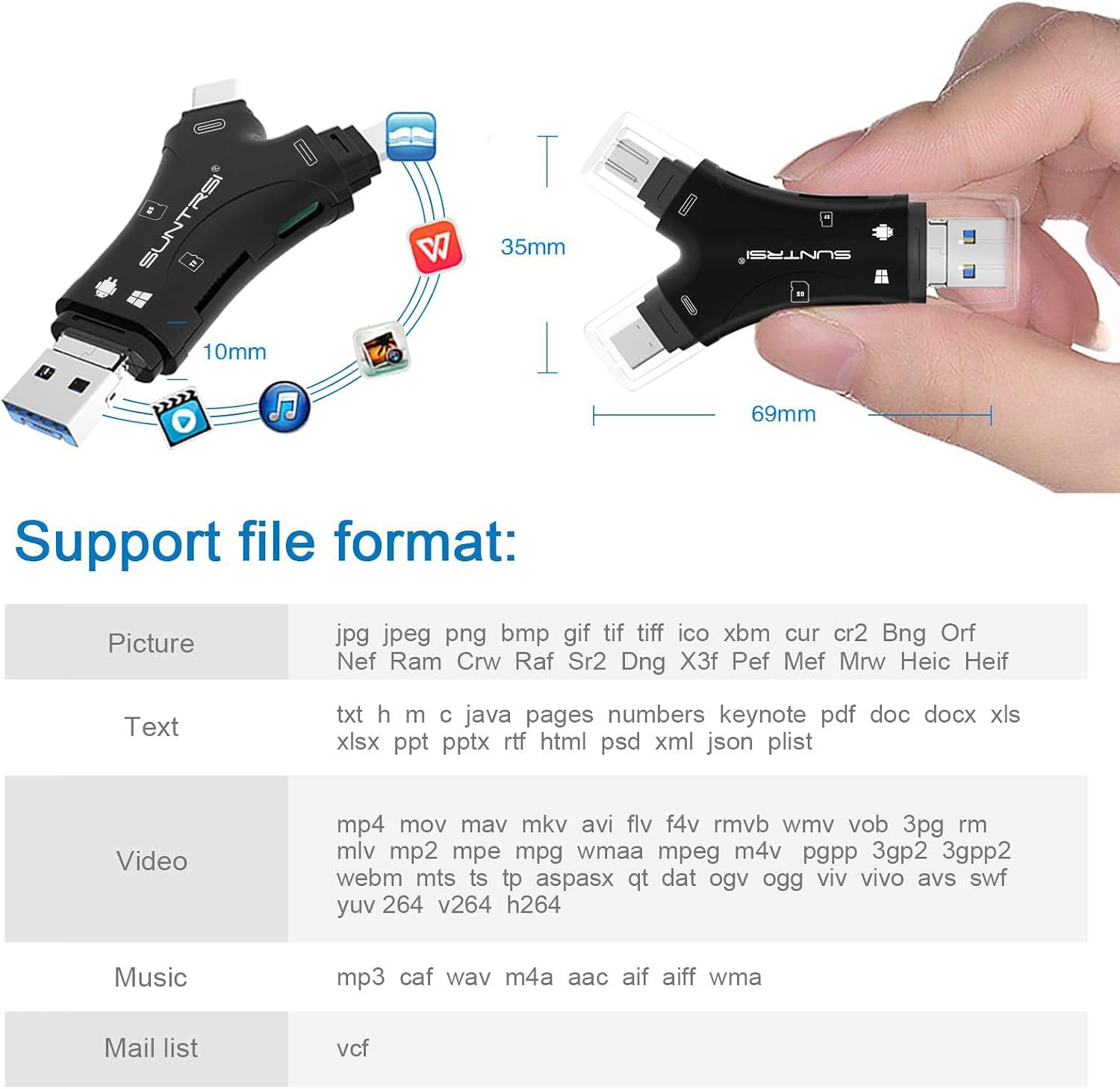 Detalle 2 de SUNTRSI Y-BD 4-in-1 SD Card Reader with USB, USB-C and iPhone Charging Port
