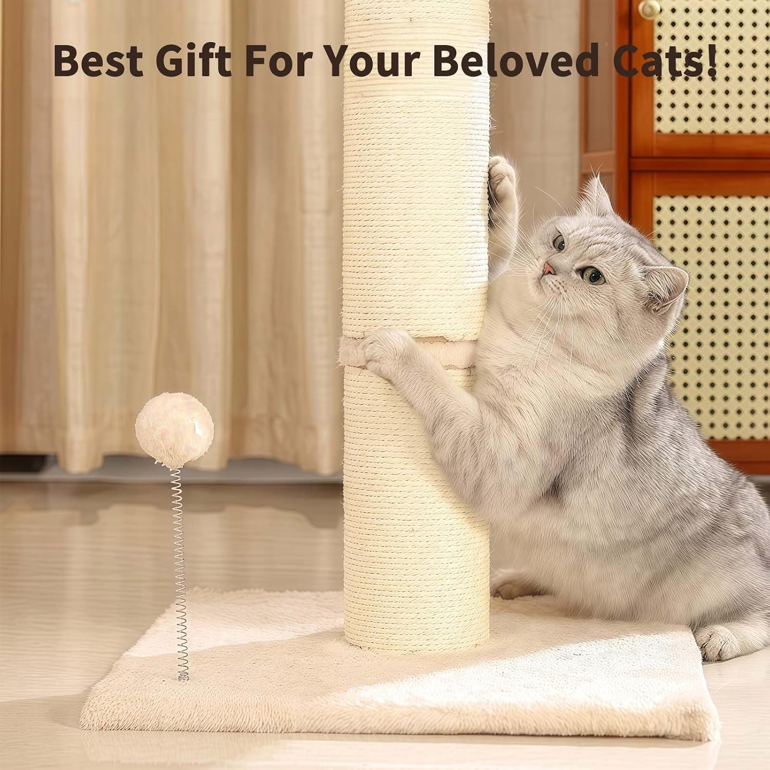 Detalle 2 de Marchul Cat Scratching Post with Teasing Hanging Ball and Sisal Rope, 68 cm tall (White)