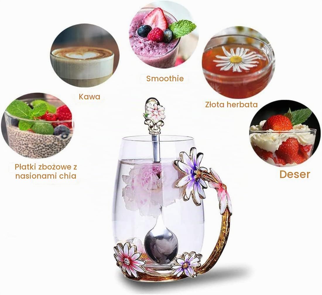 Detalle 2 de Biigming Tasse à thé en Verre émaillé – szklany kubek z kwiatowym zdobieniem