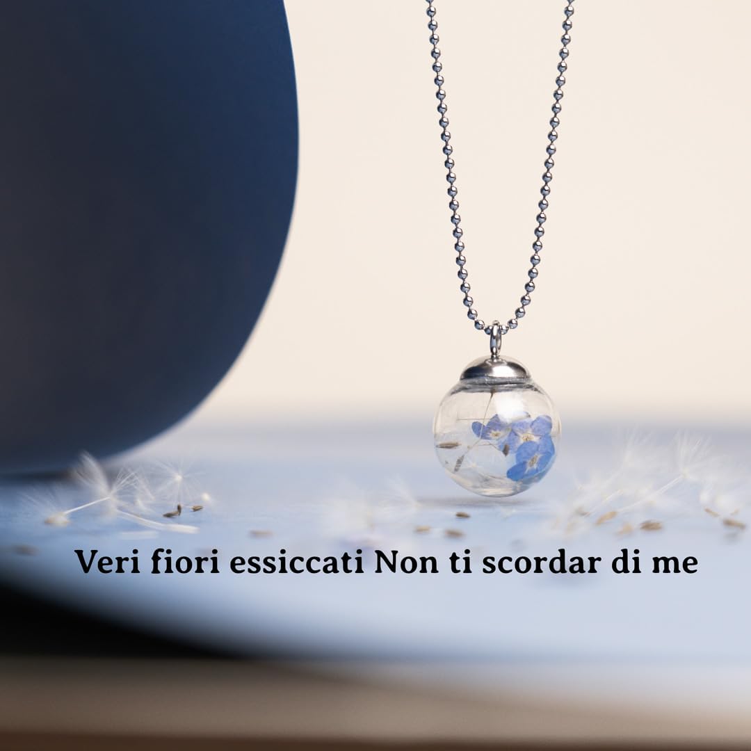 Detalle 2 de Gioielli Botanici Collana Non ti Scordar di Me in Acciaio Inossidabile con Ampolla di Vetro e Fiori Naturali