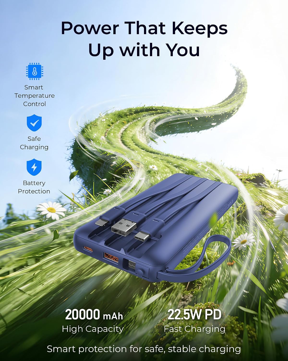 Detalle de VRURC T2047Q 20,000mAh Power Bank with Four Built-In Cables and 22.5W Charging