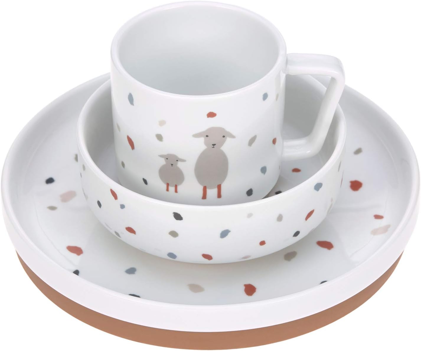 Detalle de LÄSSIG Porzellan-Kindergeschirrset mit Silikonring – Teller, Schüssel, Tasse (Tiny Farmer Sheep/Goose)