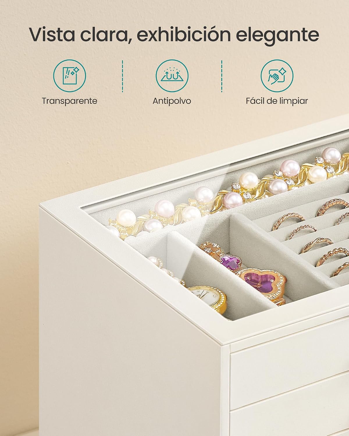 Detalle de SONGMICS Joyero con 5 cajones y tapa de cristal – Organizador elegante para tocador