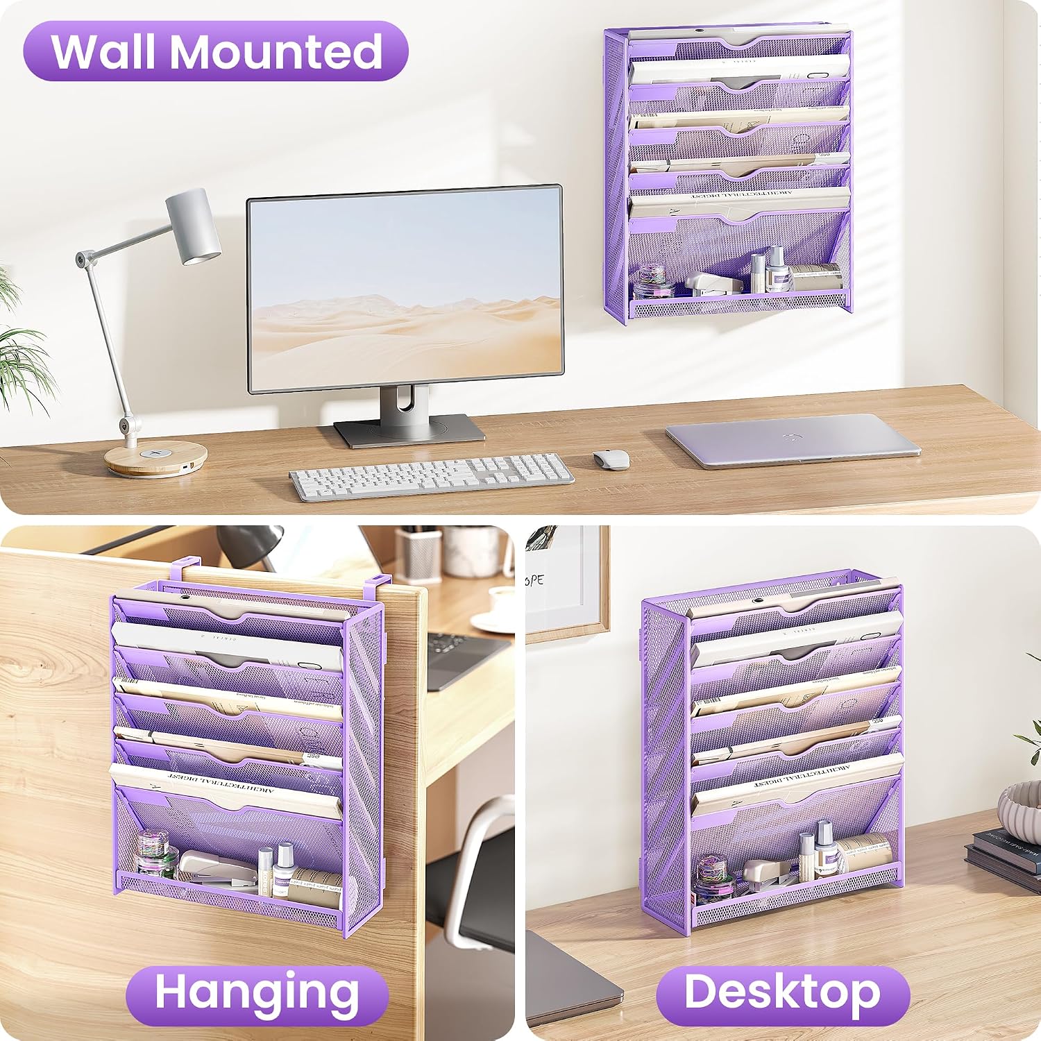Detalle de SUBEKYU 6-Tier A4 Wall-Mounted File Organiser, Purple Metal Mesh